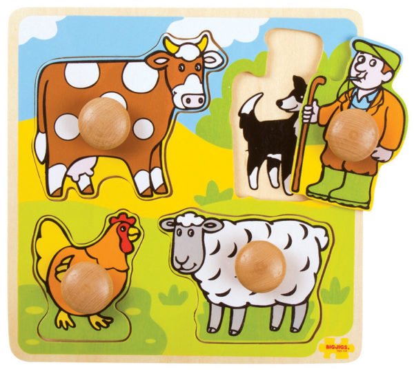 Ce beau puzzle en bois à encastrement à boutons sur le thème de la ferme est parfait pour les petites mains.