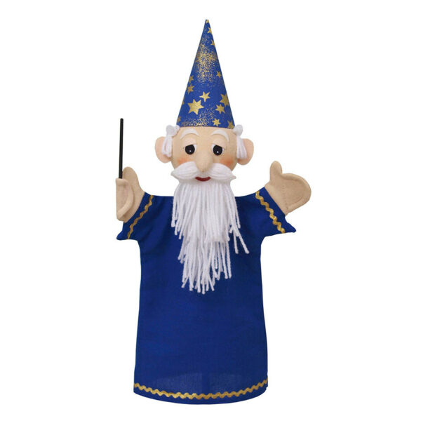 Laissez vous séduire par la marionnette à main Magicien avec sa baguette et son chapeau pointu étoilé. 