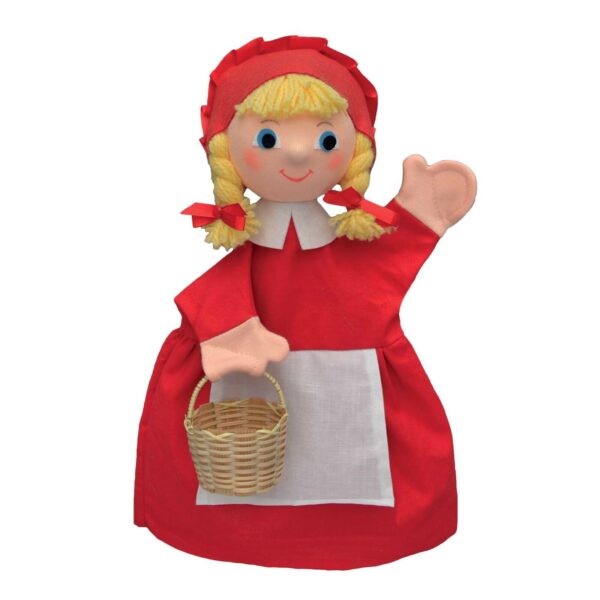 Laissez vous séduire par la marionnette à main Chaperon Rouge avec son panier et ses jolies nattes blondes !