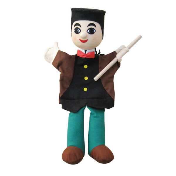 Laissez vous séduire par la marionnette à main Guignol avec son nœud papillon rouge et son bonnet noir sans oublier son célèbre bâton !