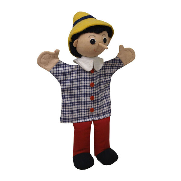 Laissez vous séduire par la marionnette à main Pinocchio avec son nez pointu et sa grande chemise à carreaux !