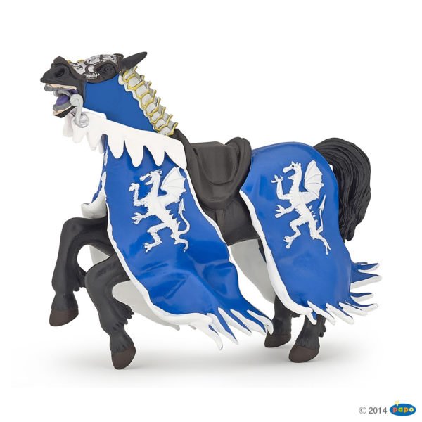 La figurine Cheval au dragon bleu vous entraîne au temps des châteaux forts et des chevaliers.