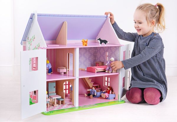 Cette grande maison de poupée en bois rose est sur 3 étages avec un toit amovible, Détails très soignés et mobilier inclus.
