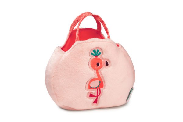 Le sac à main à l'effigie d'Anaïs le Flamand rose est un sac à mains pour enfant en matière toute douce et qui comporte de nombreux accessoires. Vue d'ensemble du sac et de ses deux jolies poignées en tissu.