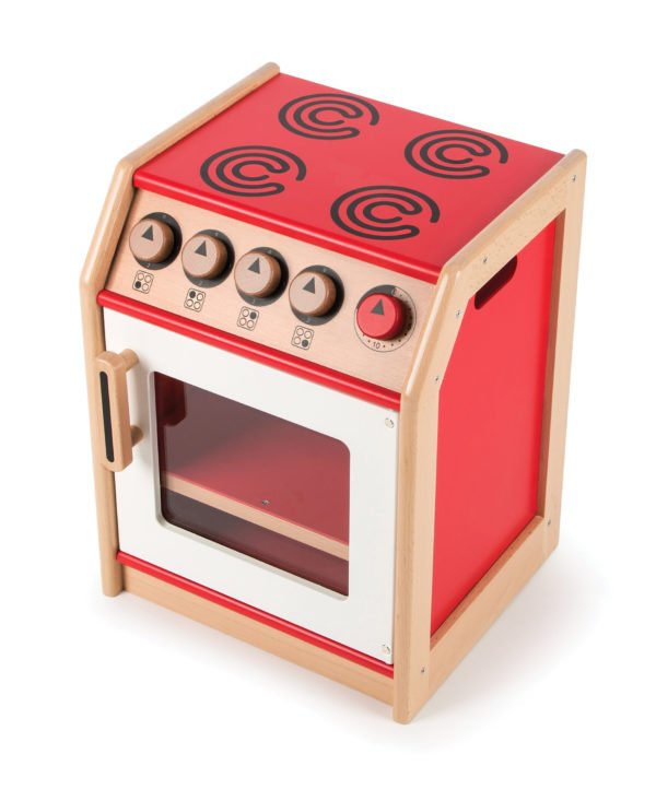 Avec des boutons qui "cliquent", une plaque de cuisson aux détails soignés, un four et sa porte transparente pour surveiller la cuisson, cette cuisinière en bois de couleur rouge est l'appareil indispensable qui complète les équipements pour jouer d'une cuisine enfant.