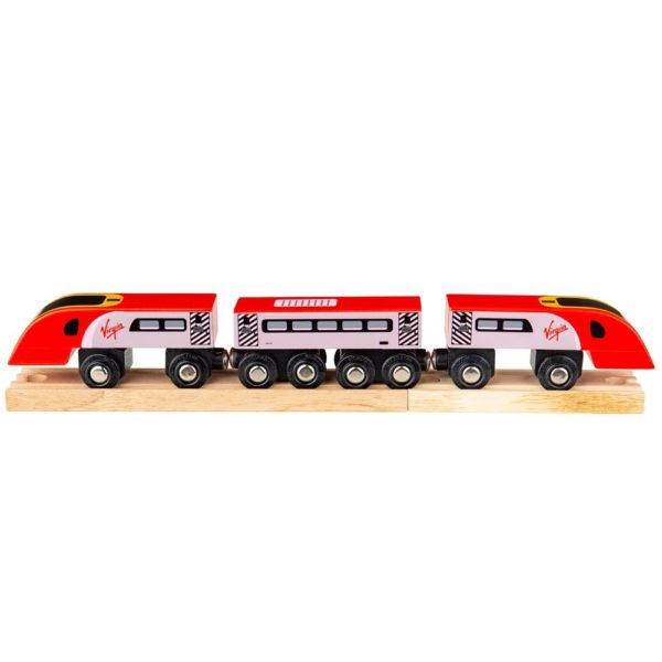 La locomotive et les wagons du train en bois Virgin se connectent magnétiquement ce qui permet de les joindre facilement entre eux et aussi de les connecter à d'autres types de trains à connections aimantées.