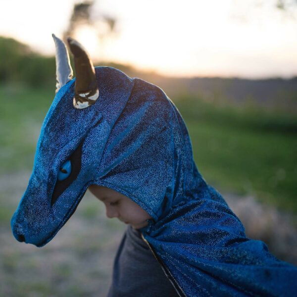 Gros plan sur la tête de la cape de dragon bleu portée par un enfant
