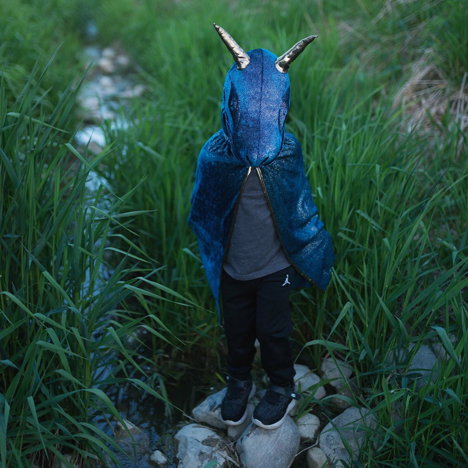 Cape de dragon bleu portée par un enfant sur des cailloux