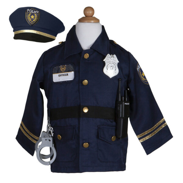 Déguisement de pompier avec une casquette, des menottes, un talkie-walkie et un badge sur la veste
