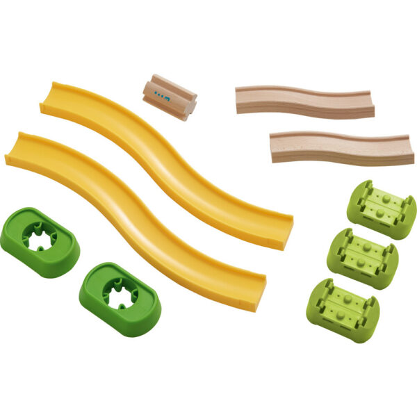 Accessoires Toboggan circuit Kullerbu rampes en plastique jaune et en bois avec des raccords verts