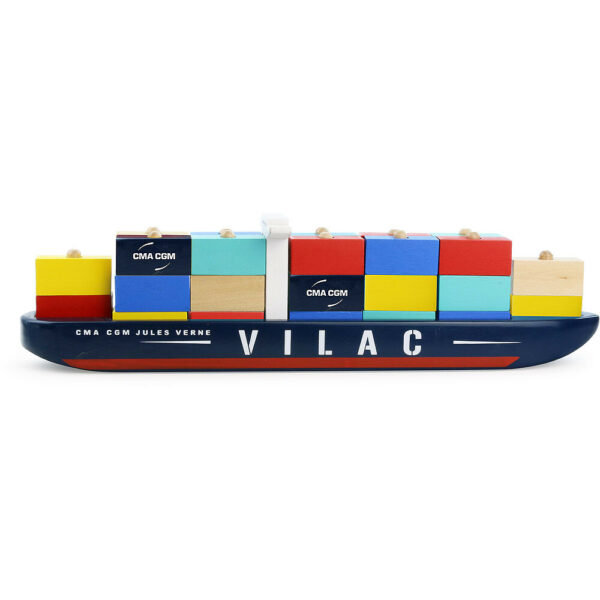 Cargo Porte-Conteneurs Jules Verne en bois avec des container jaune bleu rouge