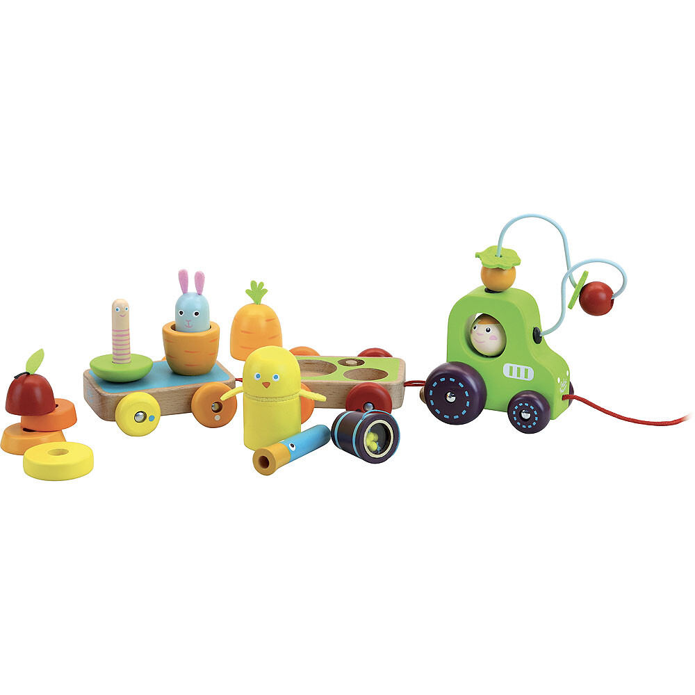 Tracteur multi-activités en bois défait avec Un empilable poire qui cache un ver, un petit lapin caché dans une carotte, un oiseau et un canard qui font du bruit, un seau de maïs maracas et un tracteur Monsieur / Madame sur lequel il faut faire coulisser des fruits