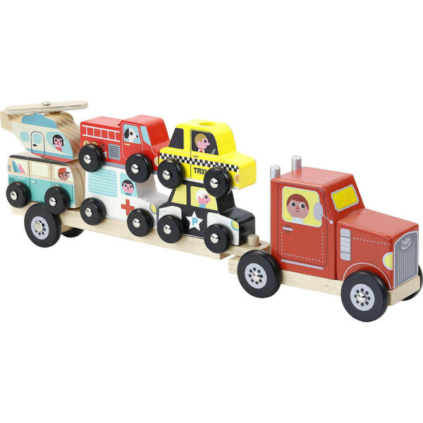 Empil'Auto jouet en bois avec un camion et une remorque avec trois piques où sont empilés hélicoptère bus camion de pompier ambulance taxi et voiture de police