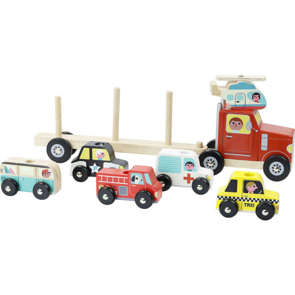 Empil'Auto jouet en bois, un jouet  à emporter partout avec un tracteur et une remorque avec trois piques hélicoptère bus camion de pompier ambulance taxi et voiture de police sont posé à côté