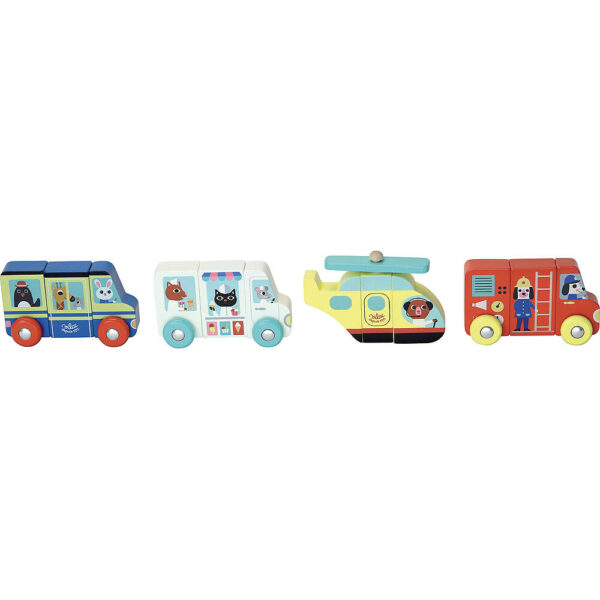 Bus marchand de glace hélicoptère camion de pompier en bois composé de 3 pièces sur chaque véhicule du jeu Rigol'Camion