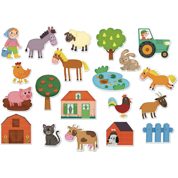 20 magnets en bois sur le thème de la ferme avec les animaux âne mouton cheval poule lapin vache chat cochon les personnages les accessoires tracteur maison arbre barrière