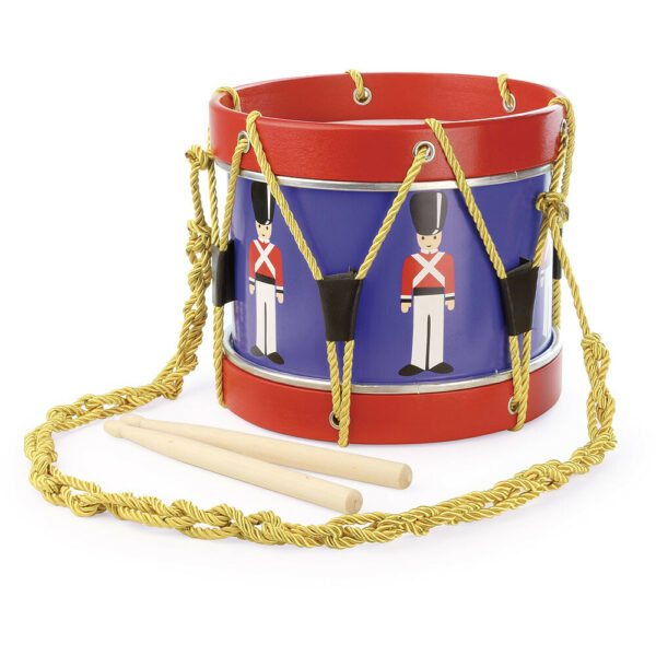 Tambour bleu et rouge en bois avec 2 baguettes une corde jaune et des petits bonhommes dessinés tout autour