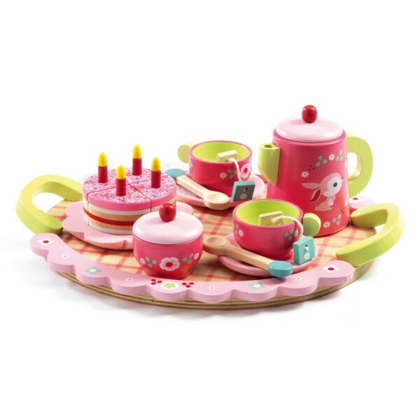 Le goûter de Lili Rose plateau avec 2 tasses 2 cuillère 1 théière 2 sachets de thé en bois un sucrier et un gâteau le tout en bois et de couleur rose