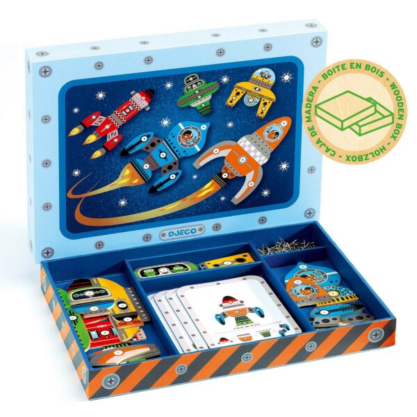 Tap Tap Space est un jeu de clous qui consiste à créer ses propres fusées et vaisseaux spatiaux en plaçant les pièces sur le support en liège et en les fixant à l'aide des petits clous et du marteau. L'enfant peut reproduire les modèles fournis ou faire appel à son imagination !