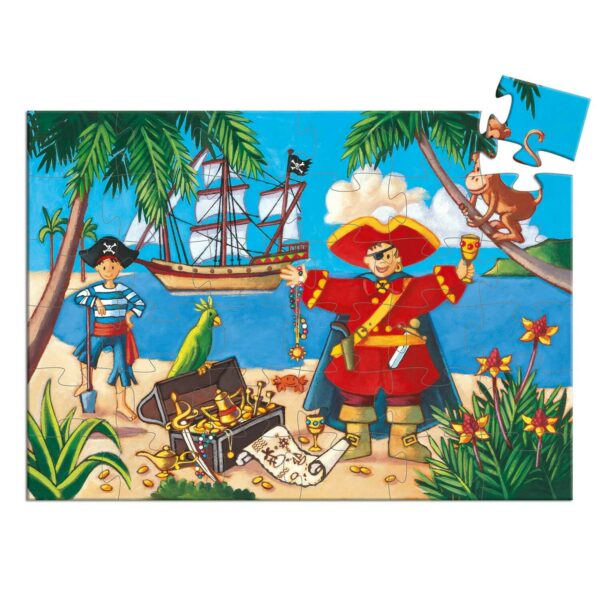 Puzzle Pirate 36 pièces avec un dessin d'un pirate et son moussaillon vers un trésor sur une île avec le bateau au fond