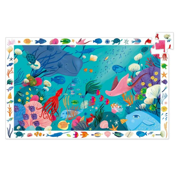 Puzzle observation Mer 54 pièces avec un dessin d'océan rempli d'animaux marin comme la baline, les poissons les raies ou les coraux