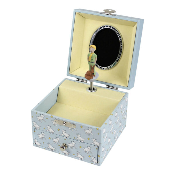 Ce magnifique cube musical sur le thème du Petit Prince est une boîte à bijoux musicale avec un grand compartiment et un petit tiroir parfaits pour y déposer ses petits bijoux, ses trésors ou ses secrets.