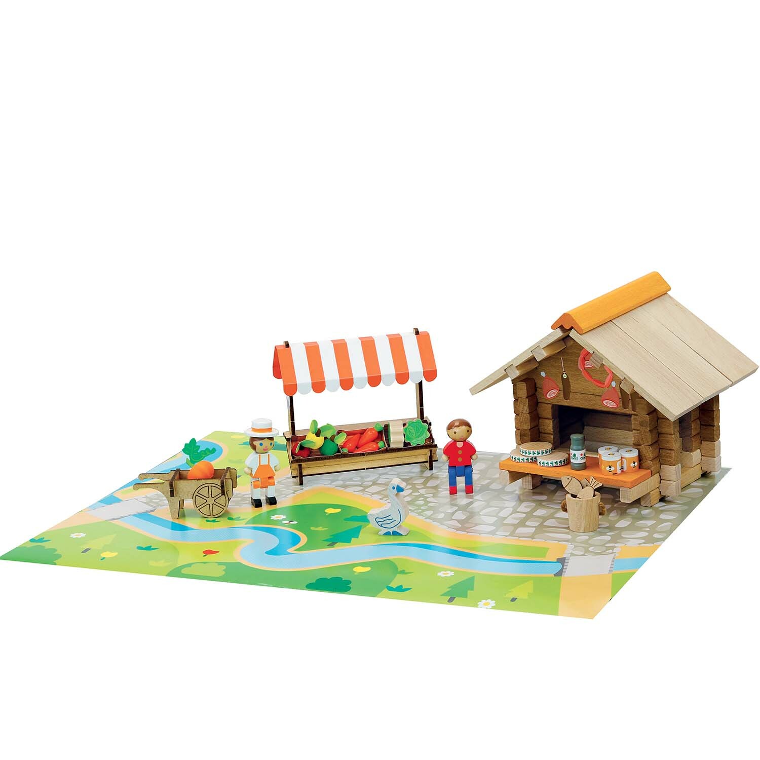 Le but du jeu est de monter un joli chalet traditionnel et son étal de marché sur le tapis de jeu fourni. Il ne reste plus qu'à ajouter les personnages et les accessoires pour que la place du marché prenne vie !