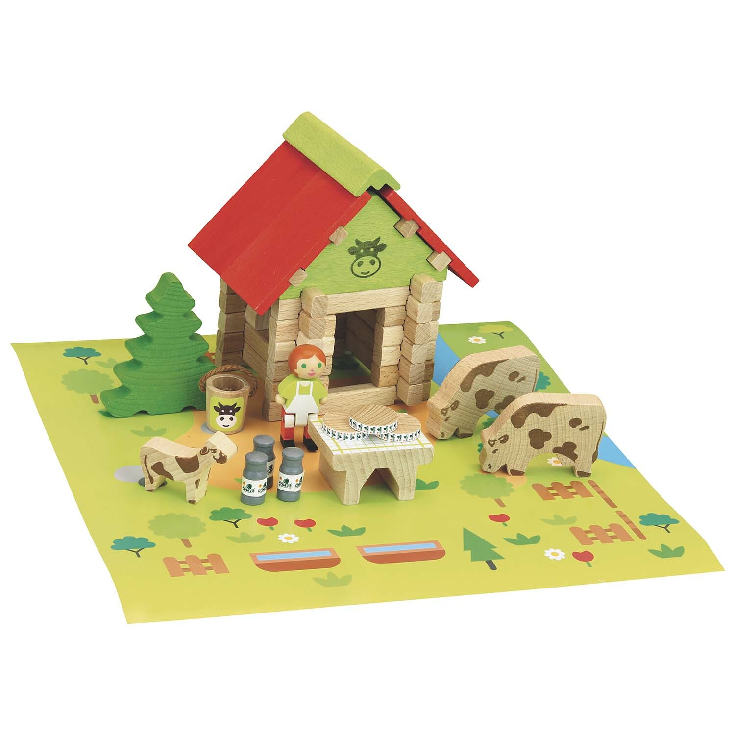 La maison se construit sur son tapis de jeu avec des personnages et des accessoires pour laisser aller son imagination. Des heures garanties à monter et démonter cet édifice traditionnel vieux de 80 ans et à lui donner vie !