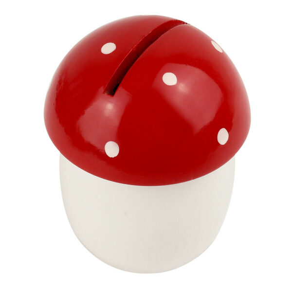 Tirelire champignon en bois avec un pied blanc et le dessus rouge à pois blancs