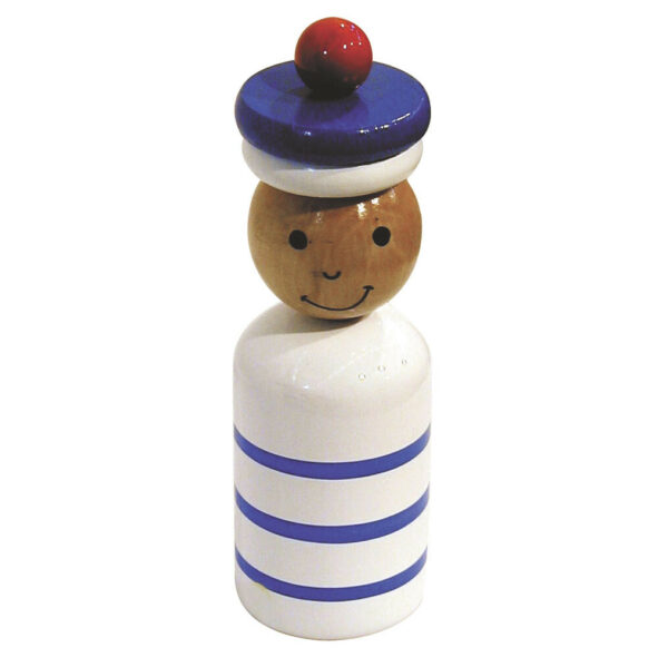 Tirelire marin en bois le corps est blanc avec 3 rayures bleues sa tête est vernis et son chapeau bleau a un pompon rouge