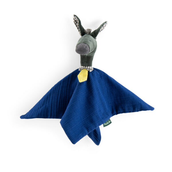 Le doudou Pomme des Bois Anatole l'âne est très élégant tout de bleu vêtu avec une jolie cravate