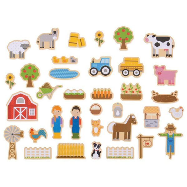 Ces 35 magnets sur le thème de la ferme en bois sont très colorés. Ces personnages magnétiques permettent de s'inventer plein d'histoires autour de la ferme et de ses animaux.