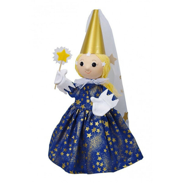 Laissez vous séduire par la marionnette à main Fée bleue, une jolie fée avec une belle robe bleue étoilée et son chapeau pointu doré.
