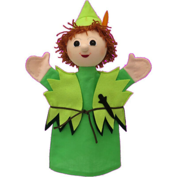 Laissez vous séduire par la marionnette à main Peter Pan tout de vert vêtu avec son poignard à la ceinture !