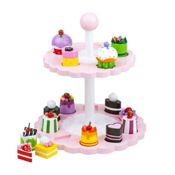 Ce superbe présentoir à gâteaux à formes est un présentoir à gâteaux en bois et ses 15 gâteaux aux couleurs vives.
