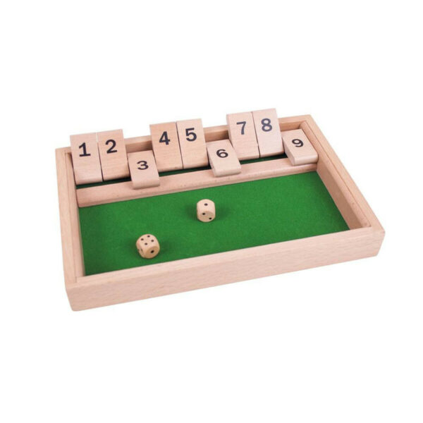 Le jeu Shut the box ou Fermer la boîte en français est un jeu éducatif qui se joue avec 2 dés et un plateau de jeu où des clapets (boîtes) sont numérotées de 1 à 9.