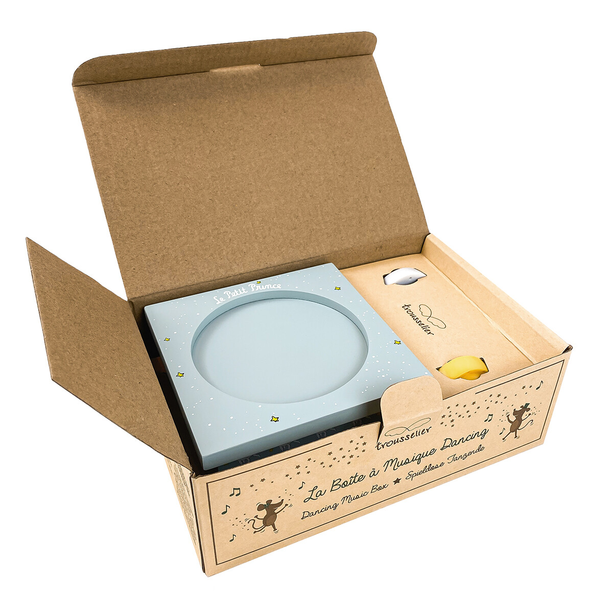 Boîte-à-musique-Dancing-Petit-Prince-Ciel La boîte à musique Dancing Petit Prince Ciel est parfaite pour s'éveiller aux premières mélodies et s'émerveiller de la danse des figurines. Un superbe objet pour l'éveil musical et visuel des plus petits !