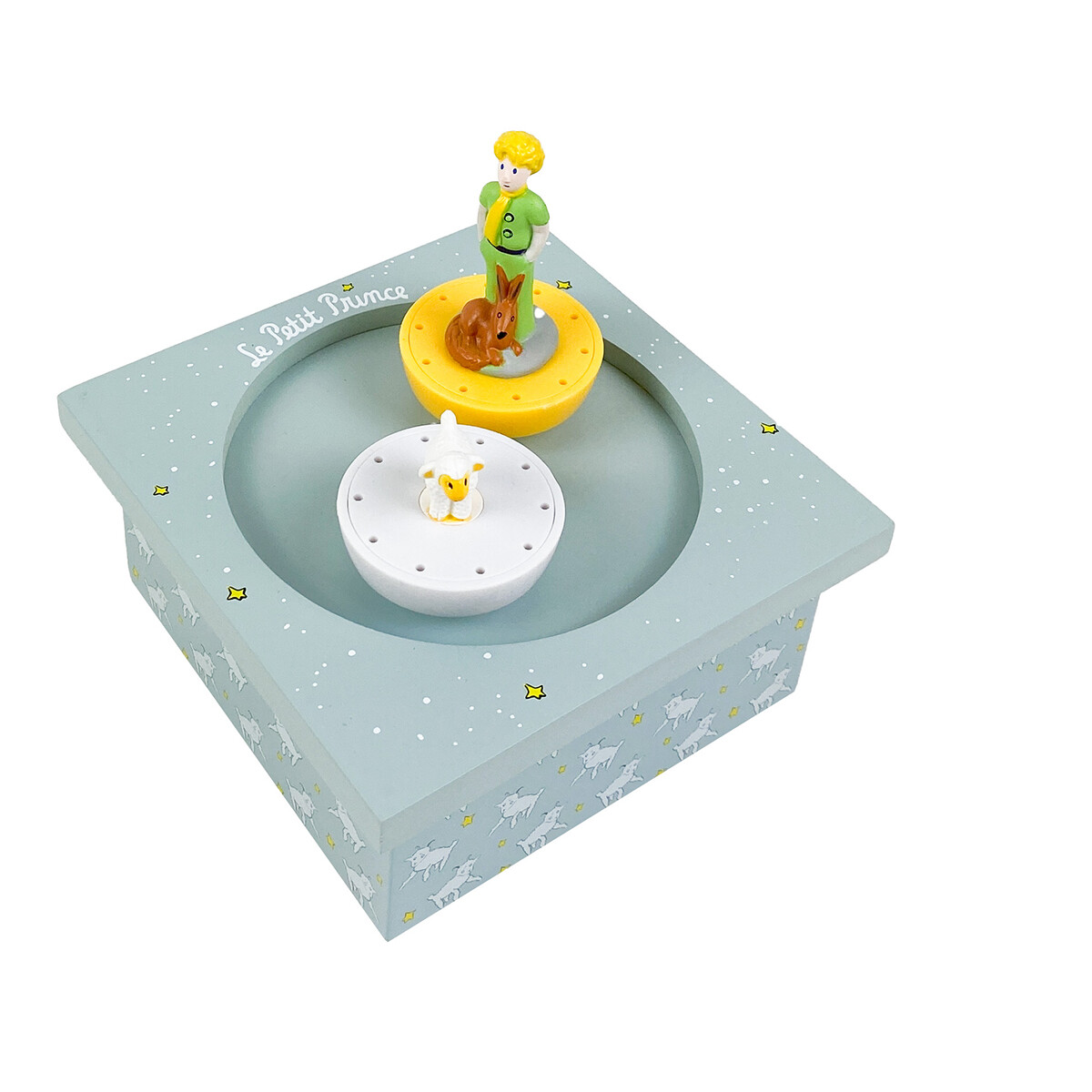 Boîte-à-musique-Dancing-Petit-Prince-Ciel Le fonctionnement de la boîte à musique est très simple : il suffit de tourner la clé située sous la boîte et de poser les figurines sur la « piste de danse » aimantée pour les faire danser.