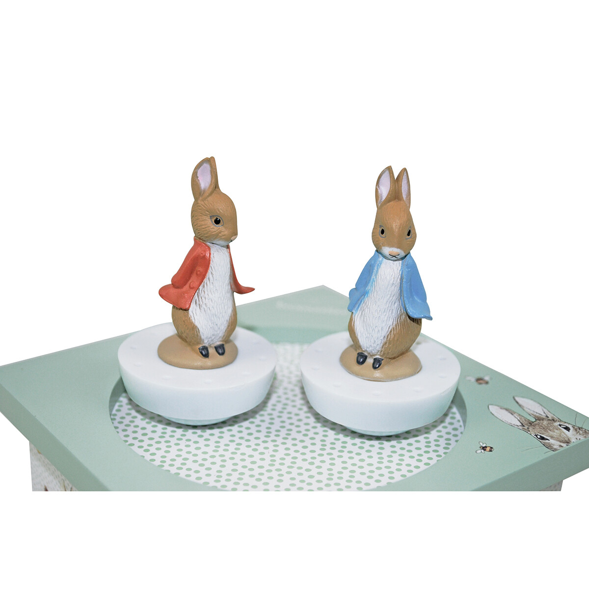 Boîte-à-musique-Dancing-Pierre-Lapin Les figurines aimantées dansent avec la musique en tournant en rond pour le plaisir des yeux des grands et des petits.