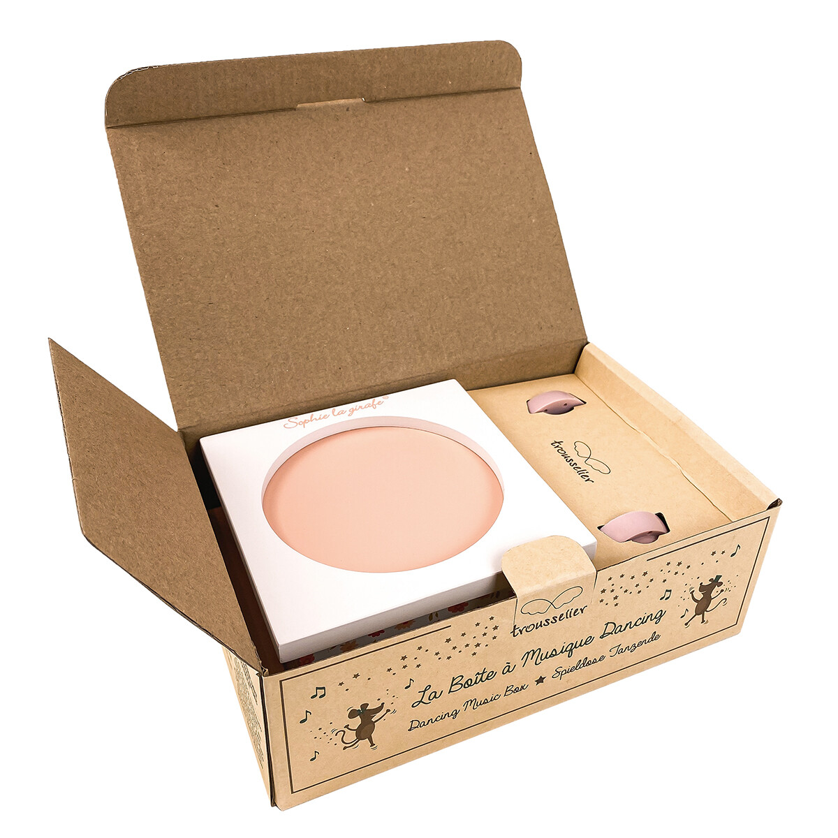 Boîte-à-musique-Sophie-la-Girafe-rose La boîte à musique Dancing Sophie la Girafe rose est parfaite pour s'éveiller aux premières mélodies et s'émerveiller de la danse des figurines. Un superbe objet pour l'éveil musical et visuel des plus petits !