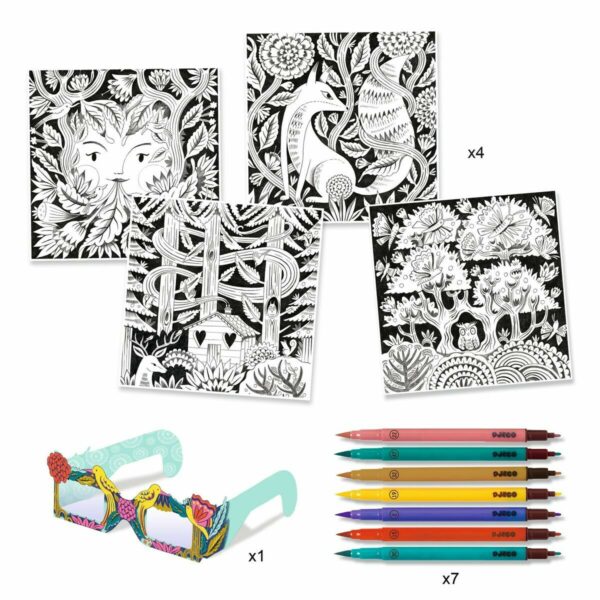 APLI Kids 18867 - Kit Coloriage 3D Avec Effet Magique - 4 Fiches Animaux, 6 Feutres Doubles Pointes, Lunettes 3D Incluses - À Partir De 5 Ans