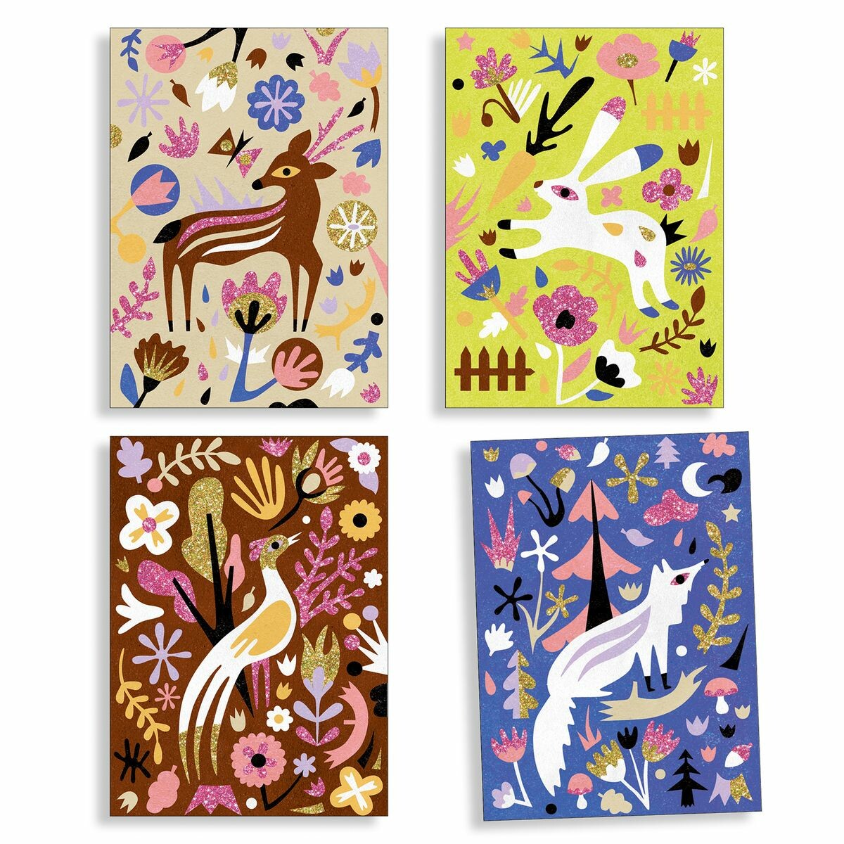 4 tableaux sur le thème de la forêt à illuminer avec du sable coloré et des paillettes