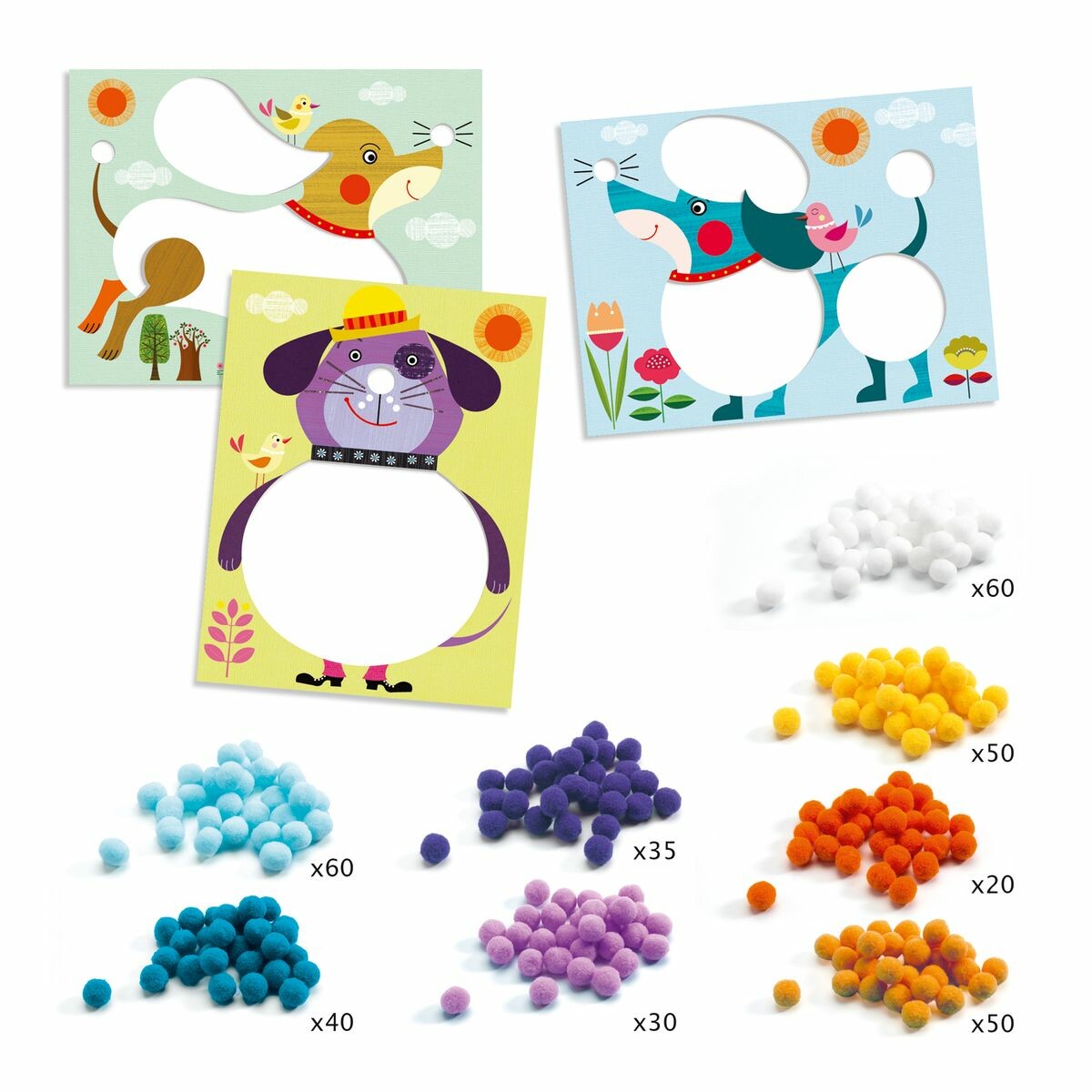 -collage-chien-à-caresser- Activité pompon chien à caresser. l'enfant colle les pompons colorés sur les parties autocollantes