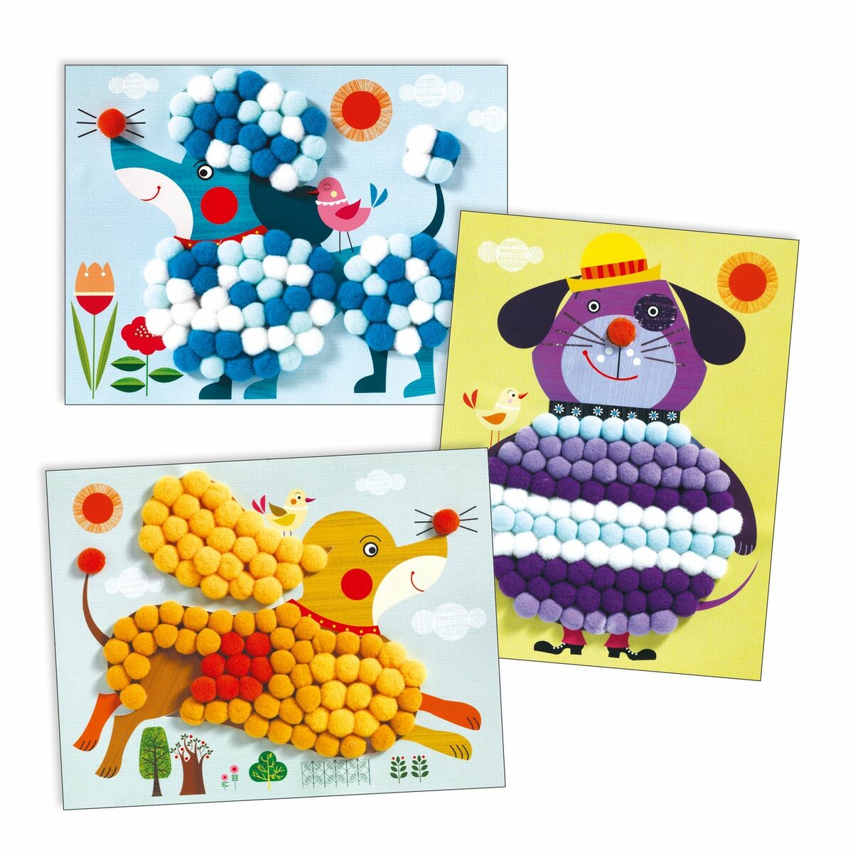 collage-chien-à-caresser Activité collage avec des pompons. Animaux à caresser. 3 tableaux illustrés