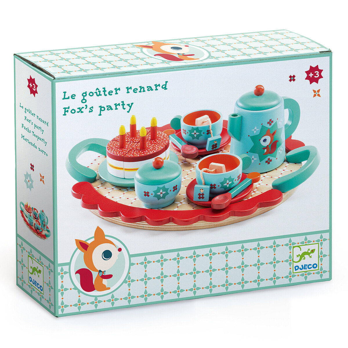 Cette belle dinette en bois comprend 2 tasses roses avec leur soucoupe, une théière et un sucrier (roses aussi). 2 sachets de thé pour ne pas laisser les tasses vides. Et bien sûr un gros gâteau de 4 parts avec les bougies.