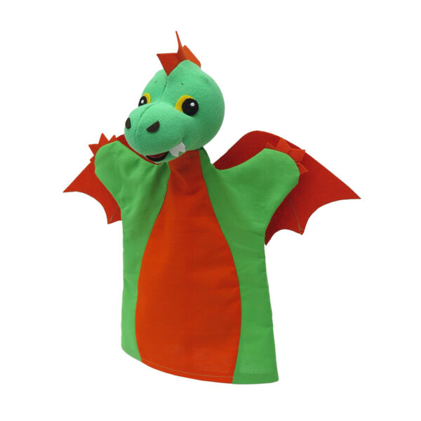 Laissez vous séduire par la marionnette à main Dragon avec ses petites ailes rouges et son grand corps vert. Malgré ses dents qui dépassent, ce dragon a l'air plutôt sympathique !