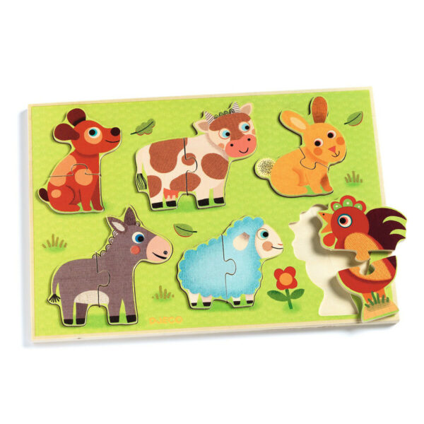 Le puzzle à encastrement Coucou Cow est un puzzle en bois certifié FSC qui contient 6 animaux colorés,