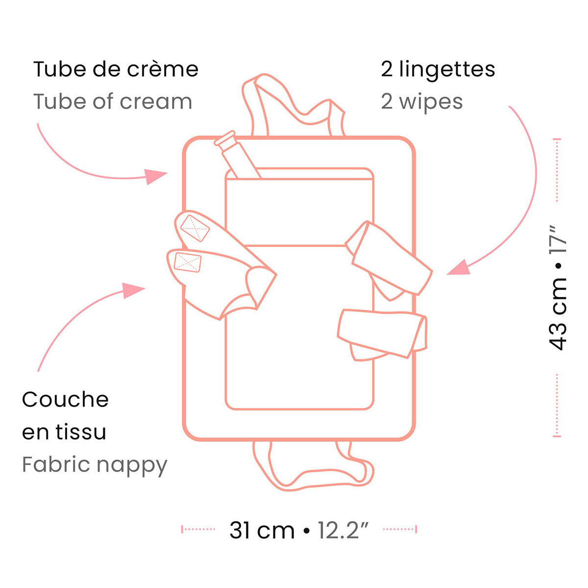 Sac-à-langer-rose Une fois ouvert, il se transforme en un matelas confortable pour allonger le bébé. Avec la couche, les lingettes et le tube de crème, bébé aura les fesses toutes propres.