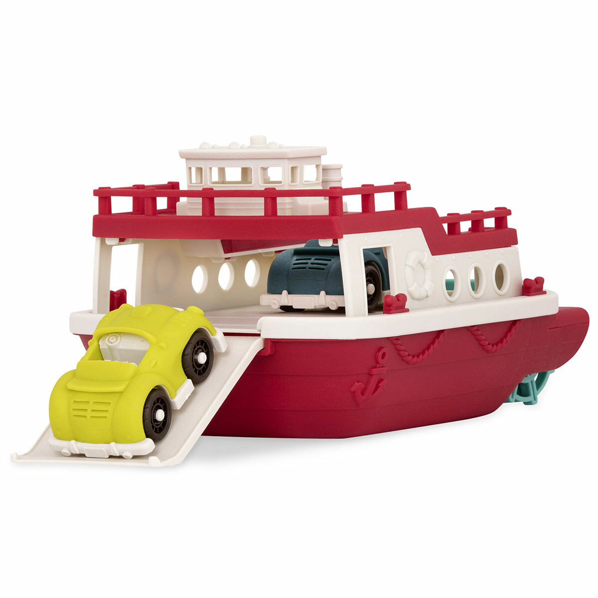 Les roues à aube se remontent manuellement, il n'y a donc pas besoin de piles pour faire avancer le bateau.