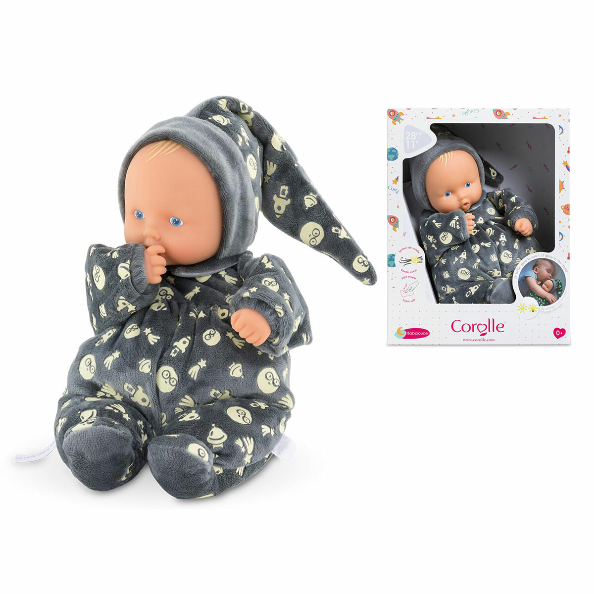 Babipouce-Brille-dans-la-Nuit Son pyjama aux motifs fluorescents brille dans le noir pour assurer une présence réconfortante auprès de Bébé et l'accompagner tendrement aux pays des rêves. Ce jouet réconfortera votre enfant qui pourra lui confier ses petits secrets et qui va aussi l’aider à développer sa motricité fine et son imagination.